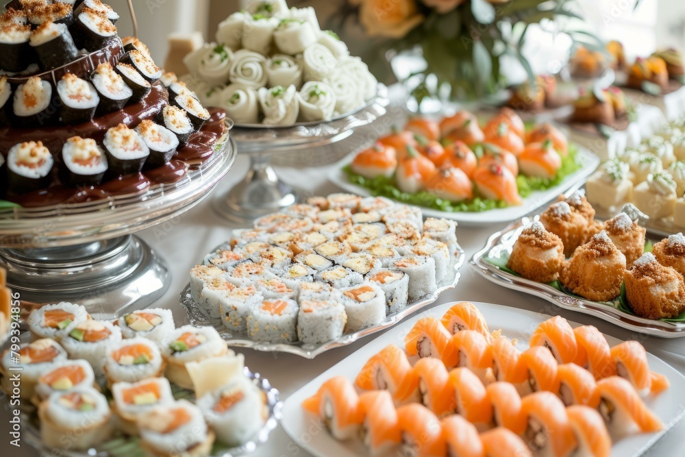 A variety of sushi and other appetizers are beautifully displayed on silver platters and white dishes.
