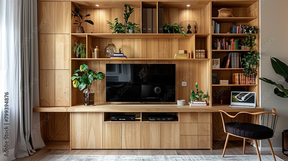 A wooden wall unit with a TV, bookshelves, and plants