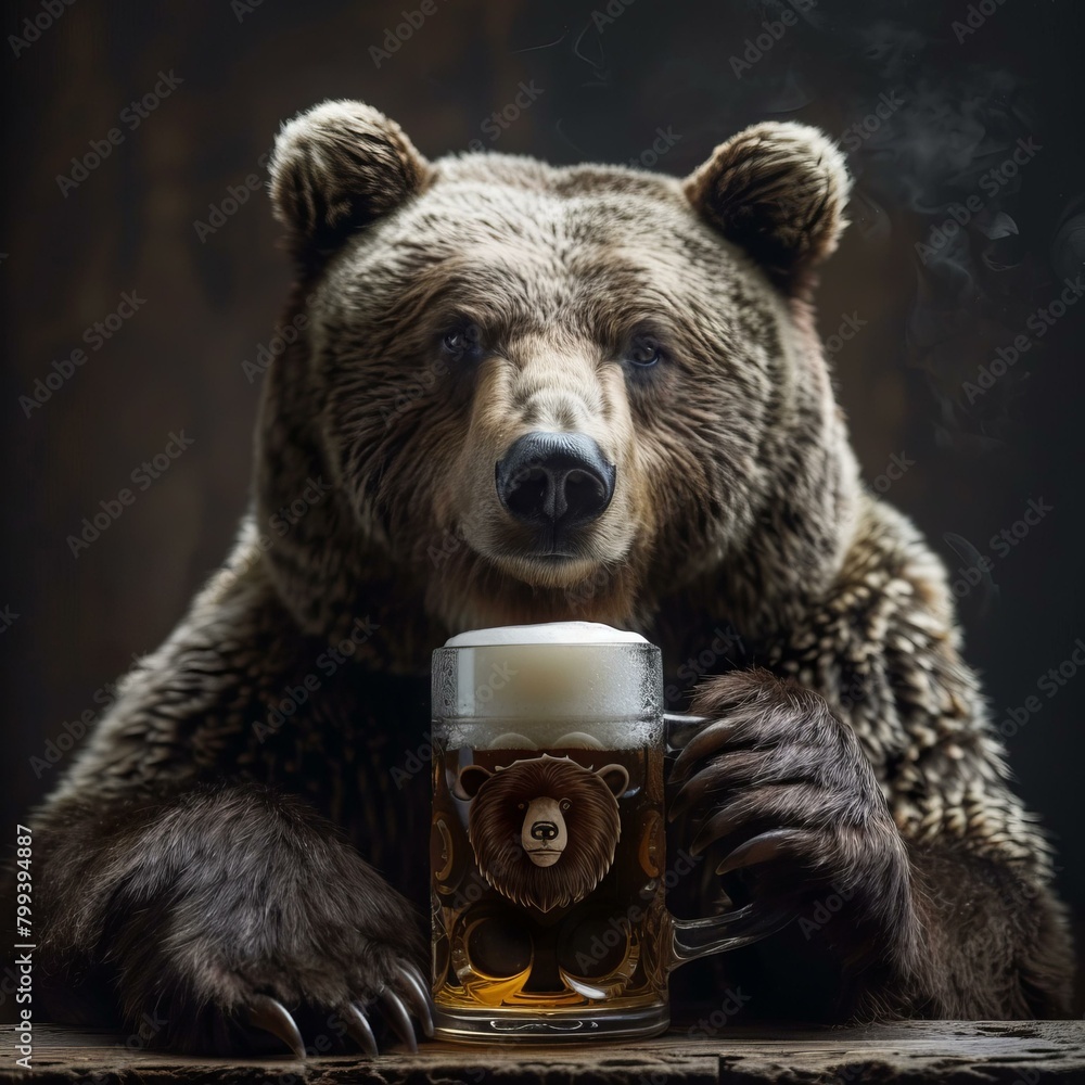 Obraz premium A large brown bear sits at a wooden table enjoying a mug of beer