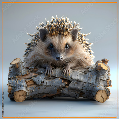 A 3D animated cartoon render of a hedgehog with a safety cone near a fallen tree.
