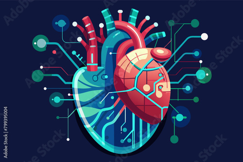 human heart with glowing circuitry flowing through its chambers, representing the integration of technology in medicine.