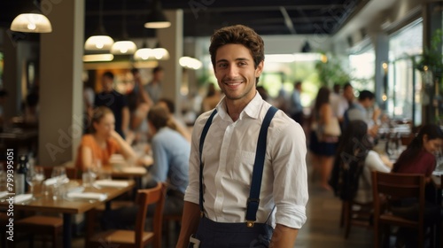 Portrait of a young male waiter in a busy restaurant