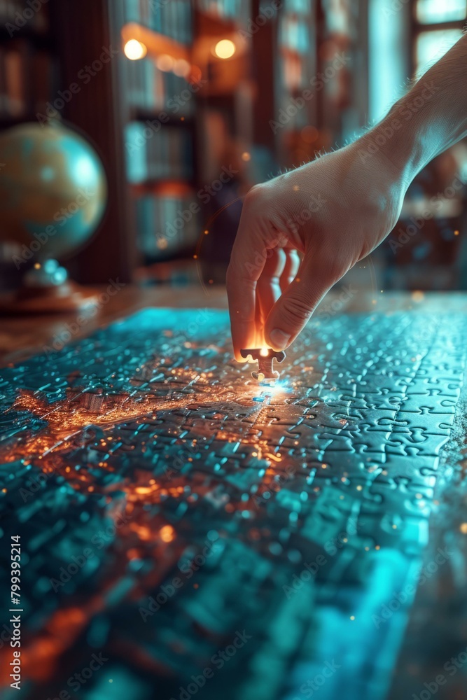 Hand placing the final piece of a jigsaw puzzle Hand placing the final piece of a jigsaw puzzle