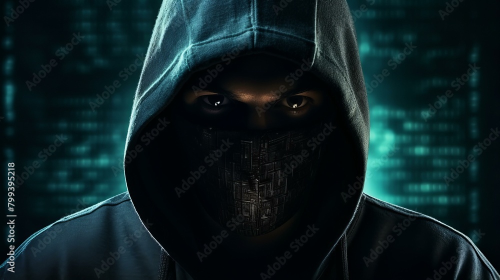 Black hoodie man wearing a mask with glowing green eyes in front of a binary code background Black hoodie man wearing a mask with glowing green eyes in front of a binary code background