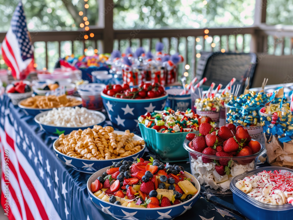 A 4th july party, A table with a lot of food and a flag in the background