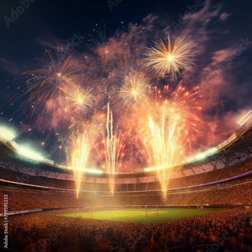 Fireworks light up the sky above a stadium full of people