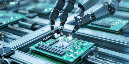 Robotic arm assembling electronic circuit board in factory photo