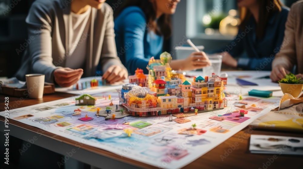 Fototapeta premium A group of people playing a collaborative city-building game
