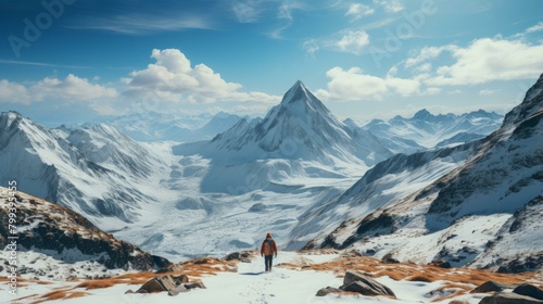 A lone hiker stands on a snowy mountaintop and gazes at the view