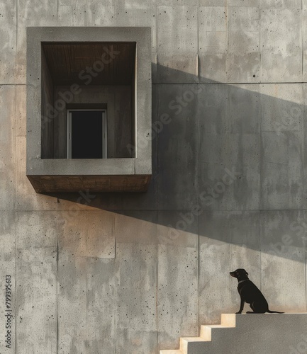 Black dog sitting on the stairs of a concrete building photo