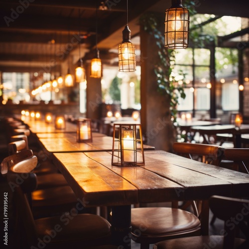 Rustic wooden table in a cozy restaurant with candle lantern