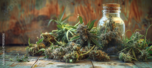 Dried cannabis (or hemp or marijuana) flower buds, bottle of CBD oil, legal medical cannabis. photo