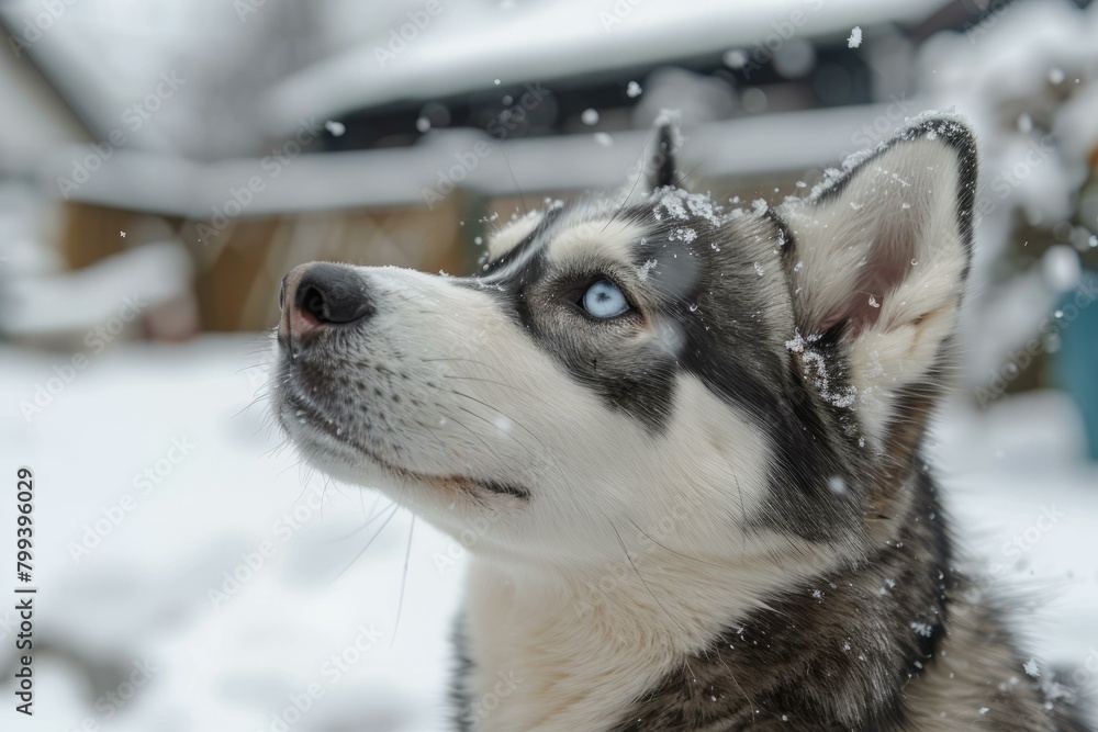 Naklejka premium A Husky looking up at the snow falling
