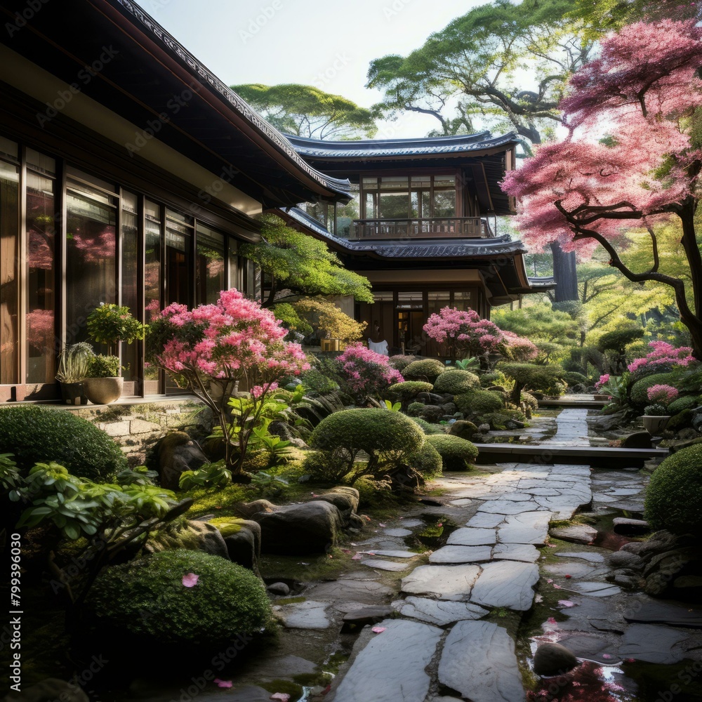 Japanese Garden with Traditional House and Stone Path Japanese Garden with Traditional House and Stone Path