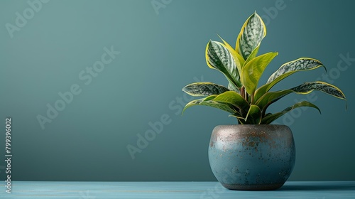 A potted plant sits on a wooden table against a solid green background. photo