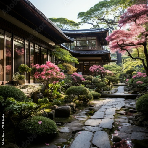 Japanese Garden with Traditional House and Stone Path © Adobe Contributor