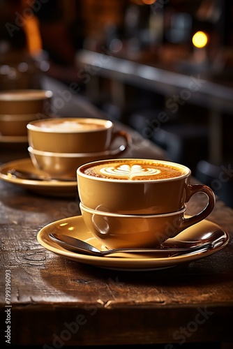 Three brown ceramic cups of coffee on wooden table