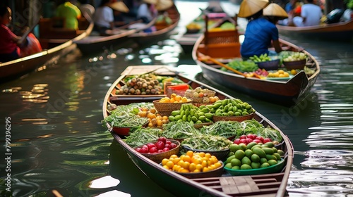 Floating market in Thailand with boats full of fresh fruits and vegetables © Adobe Contributor