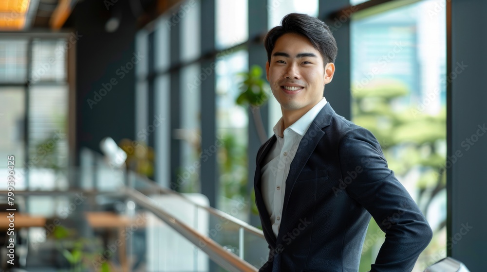 Confident professional young man smiling in an office environment. Confident professional young man smiling in an office environment.