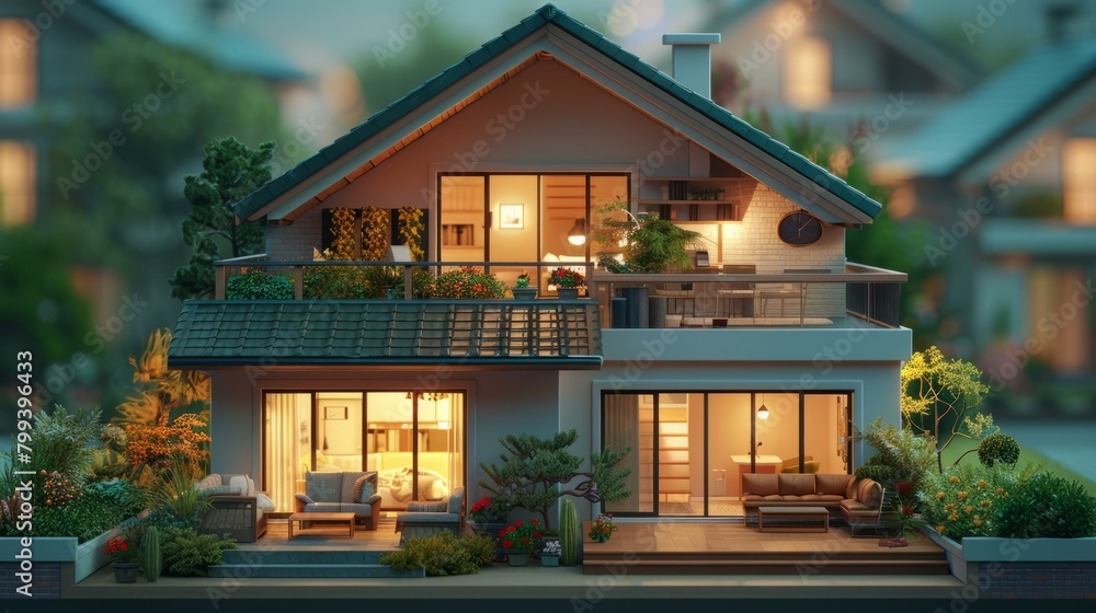 A rendering of a beautiful two-story house with a modern design A rendering of a beautiful two-story house with a modern design