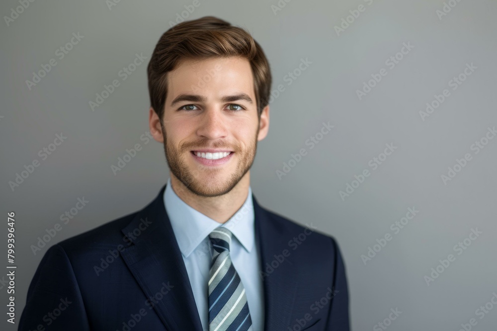 Young professional headshot of a smiling man in a suit and tie Young professional headshot of a smiling man in a suit and tie