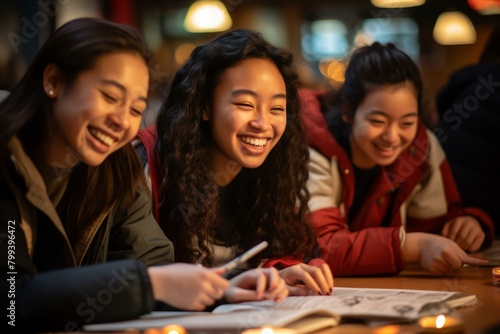 Three young women of Asian descent are sitting at a table in a restaurant looking at a menu.