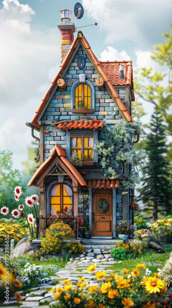Small brick house with flowers and a garden