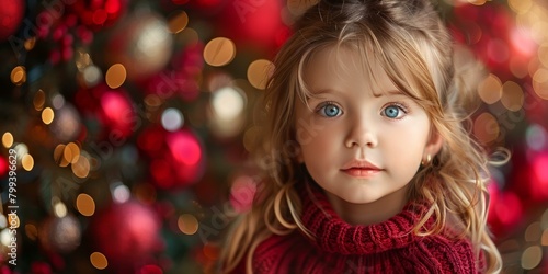 Little girl in red sweater standing in front of Christmas tree