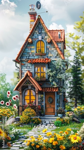Small brick house with flowers and a garden