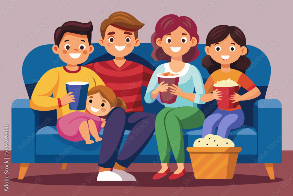 heartwarming image of a family huddled together on the couch, watching a movie and sharing a bowl of popcorn heartwarming image of a family huddled together on the couch, watching a movie and sharing a bowl of popcorn