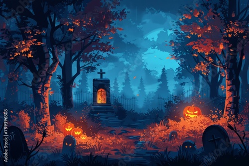 Graveyard in the middle of a spooky forest with gravestones and pumpkins