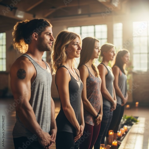 A group of people standing in a yoga studio
