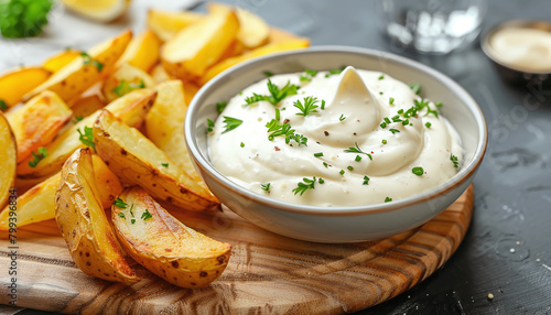 Bowl of mayonnaise with a potato wedge on a wooden board