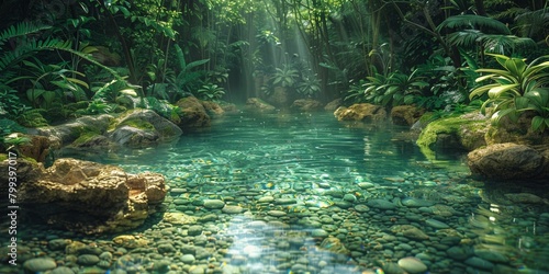 An idyllic woodland scenery with a crystal pond  illuminated by sunbeams in the rainforest.