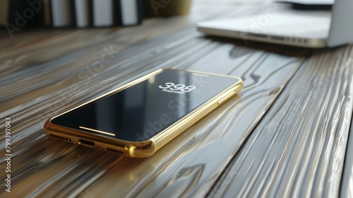 Gold Phone with charged battery on the screen on wooden table in office photo