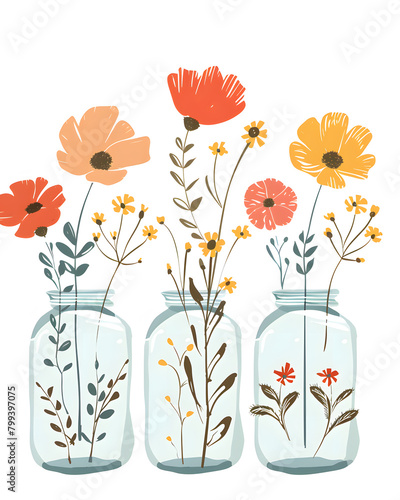 Three flowerfilled mason jars on a white background