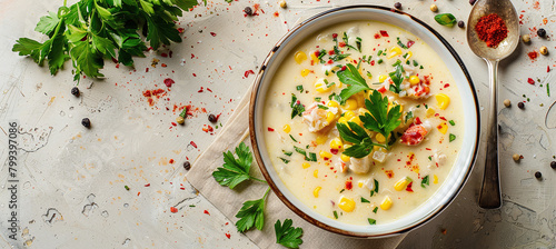 Bowl of corn soup with crab meat