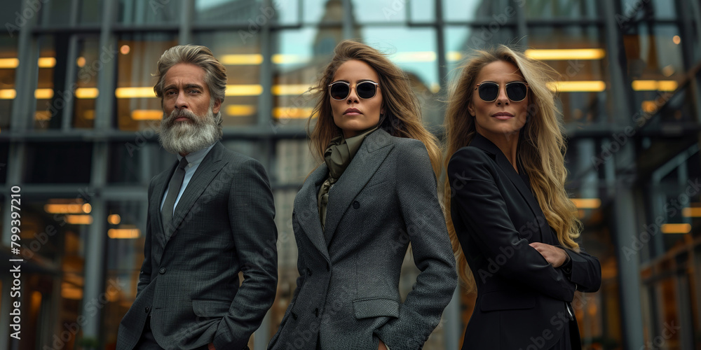 Business partners exude leadership while posing confidently, showcasing glamour and professionalism. Business partners exude leadership while posing confidently, showcasing glamour and professionalism.