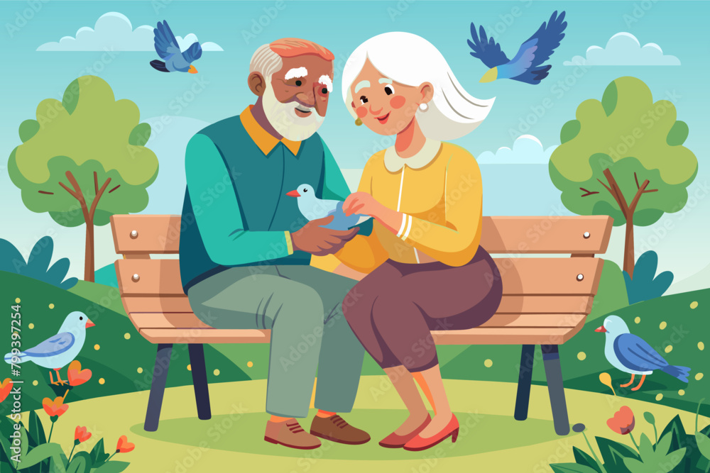 Heartfelt illustration of a family holding hands on park with bird Heartfelt illustration of a family holding hands on park with bird