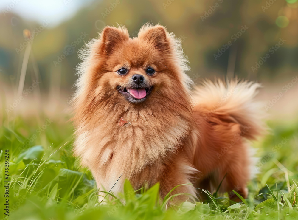 A fluffy brown Pomeranian dog standing on green grass
