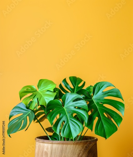 Monstera is a potted houseplant on a yellow background  a minimalistic composition with space for text  advertising