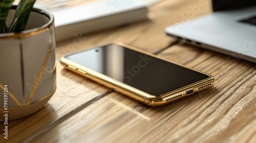 Gold Phone with charged battery on the screen on wooden table in office photo