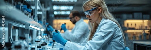 A diverse team of scientists conducts research in a chemistry laboratory, analyzing liquid samples.