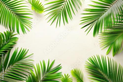 A background of artificial palm branches with a place in the center for text  advertising  greetings