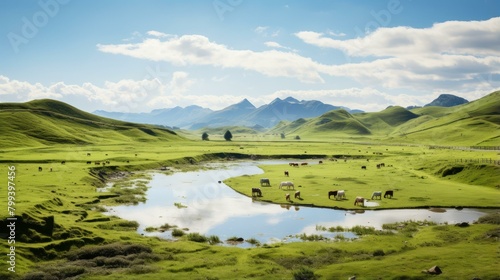 Horses and cows grazing in a lush green pasture with mountains in the distance