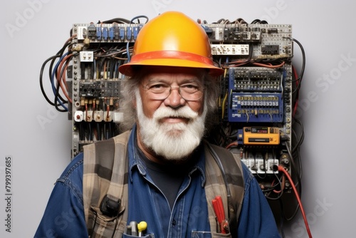 portrait of an electrician with a beard wearing a hard hat and glasses photo