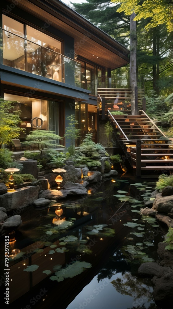 A tranquil Japanese garden with a modern house in the background