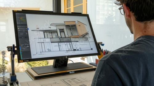 Creative Architect Sketching Modern Designs on Digital Drafting Table Innovative Technology and Artistic Inspiration in Architecture Concept