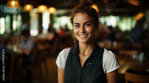 Portrait of a Smiling Waitress in a Busy Restaurant