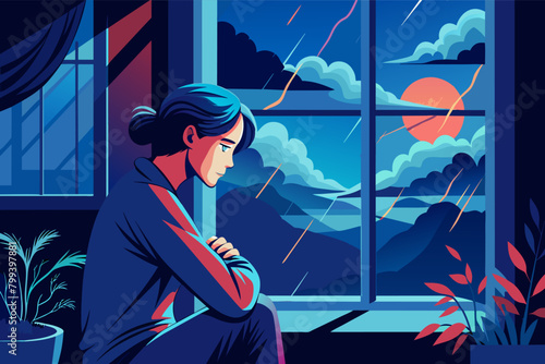 heartbroken individual staring out a window at a stormy night, reflecting on their pain.